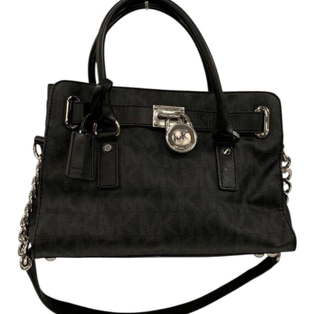 Michael Kors Black Leather Logo Hamilton Satchel Lock Purse